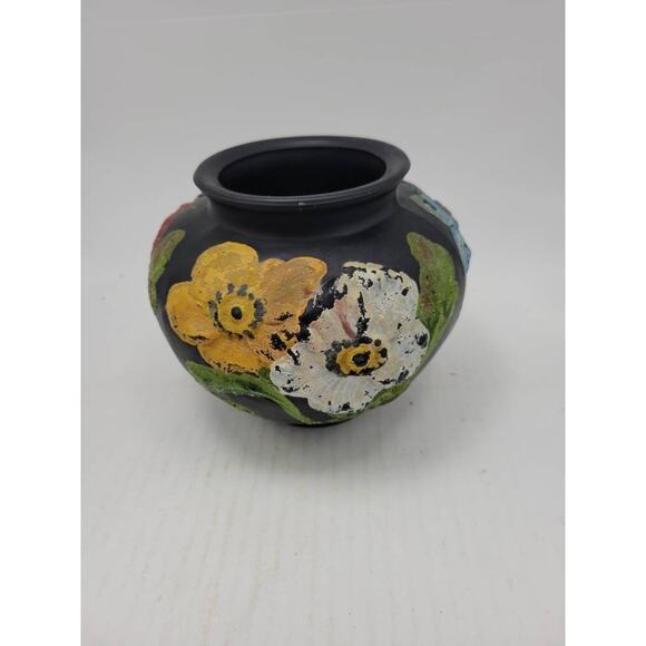 Vintage Tiffin Vase, Black Satin Glass, Coralene Poppy Flowers - Picture 2 of 6